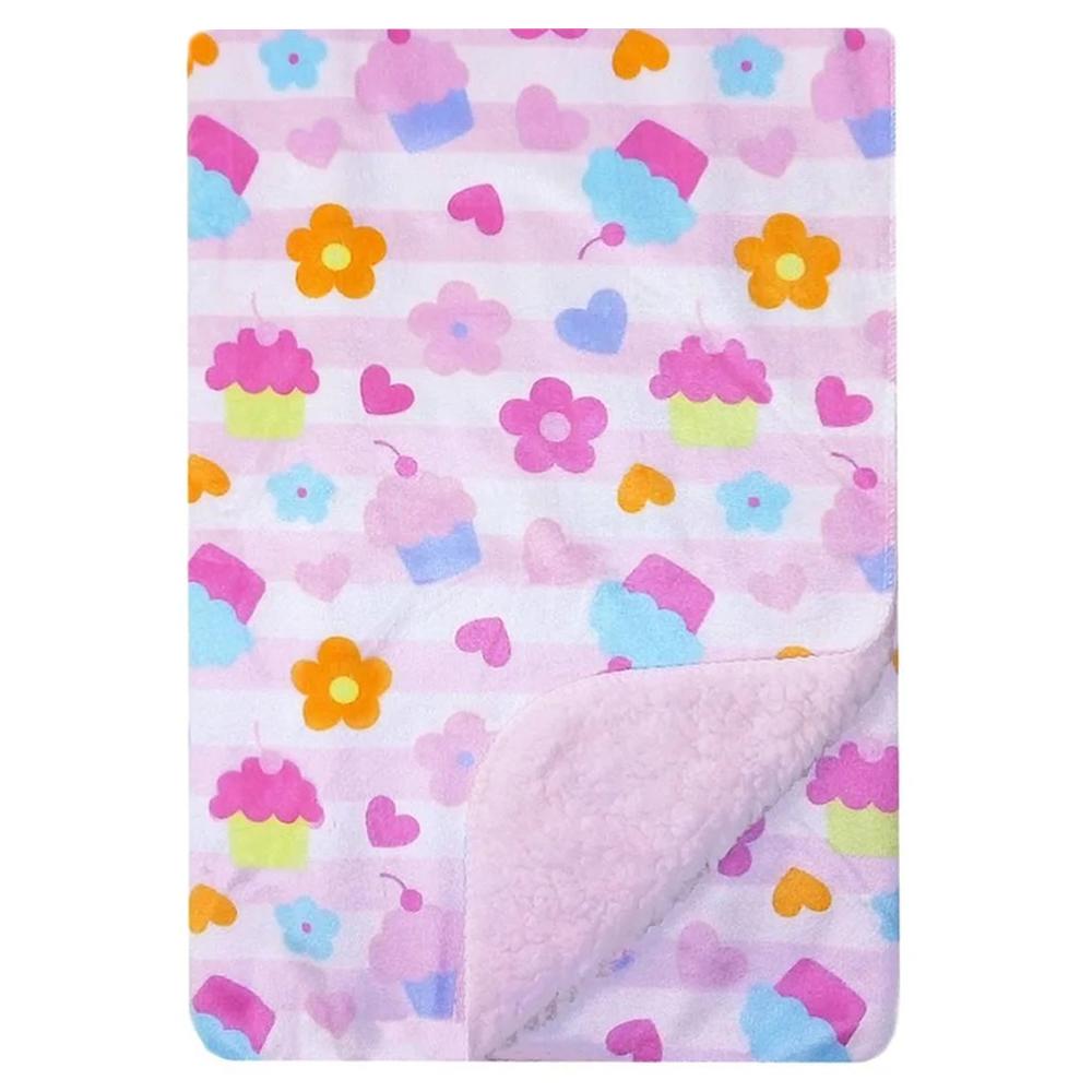 First Steps Pink Cup Cakes Velour Reversible Sherpa Baby Blanket