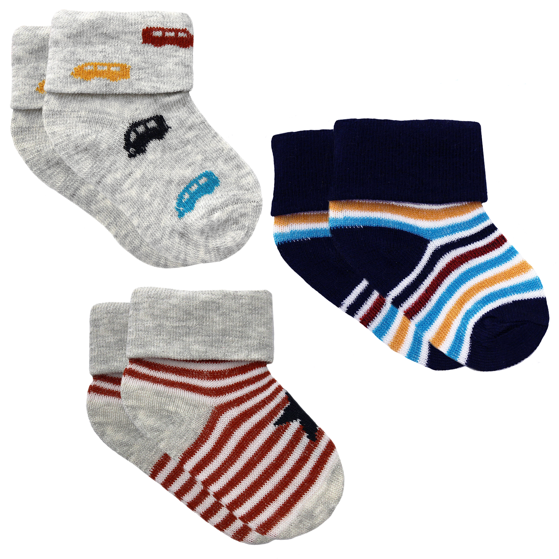 Just Too Cute Cotton Rich 3 Pairs Turnover Cars & Stripes Ankle Socks