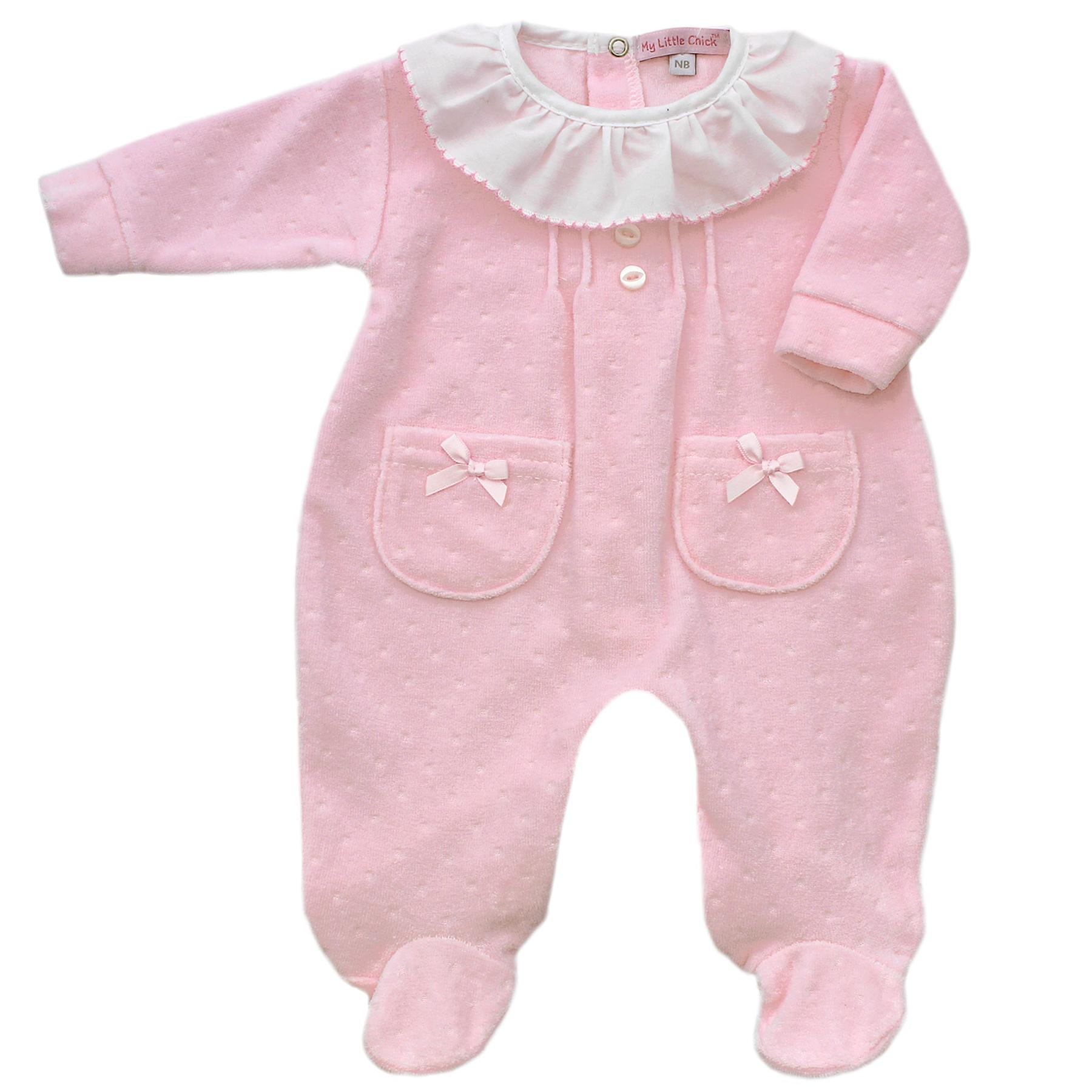 My Little Chick Pink Dimpled Velour Sleepsuit