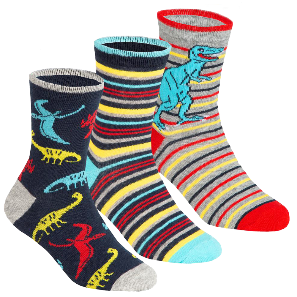 Tick Tock 3 Pair Cotton Rich Dinosaur Striped Ankle Socks