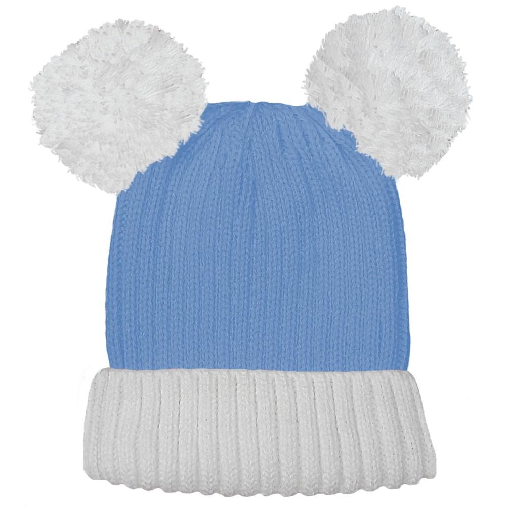 Soft Touch Ribbed Knit Pom Pom Hat in Blue and White