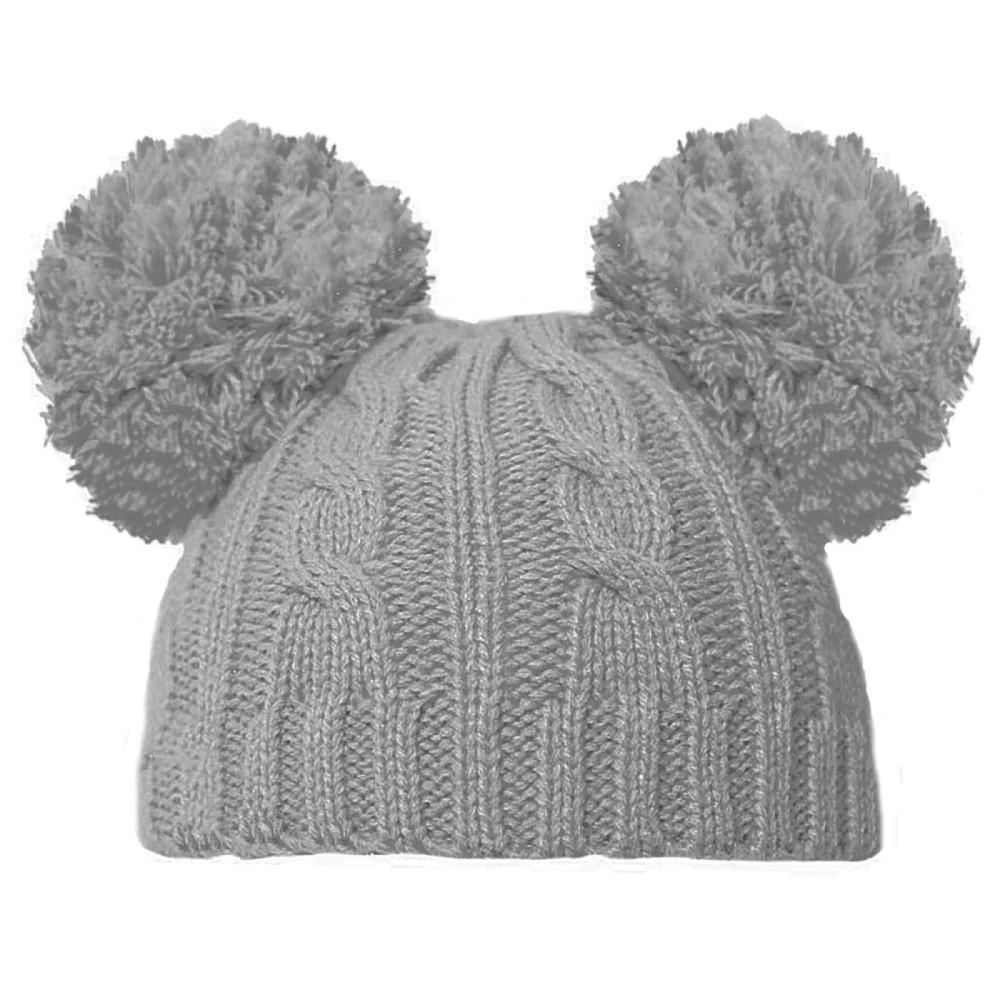 Soft Touch Grey Cable Knit Hat with Twin Pom Poms