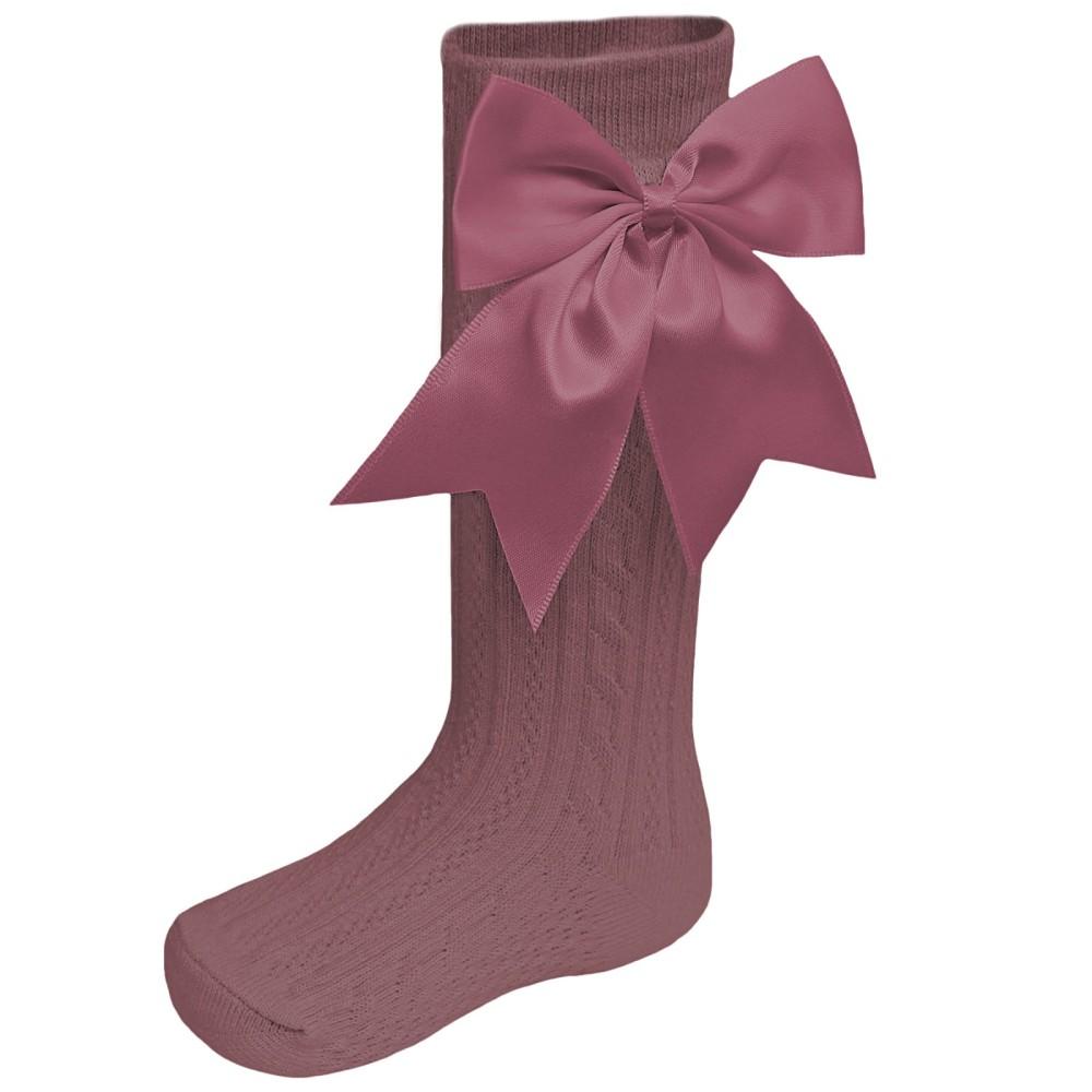 Baby Girls Knee High Pelerine Knitted Pattern Socks Satin Ribbon Bow 0-6 Years 