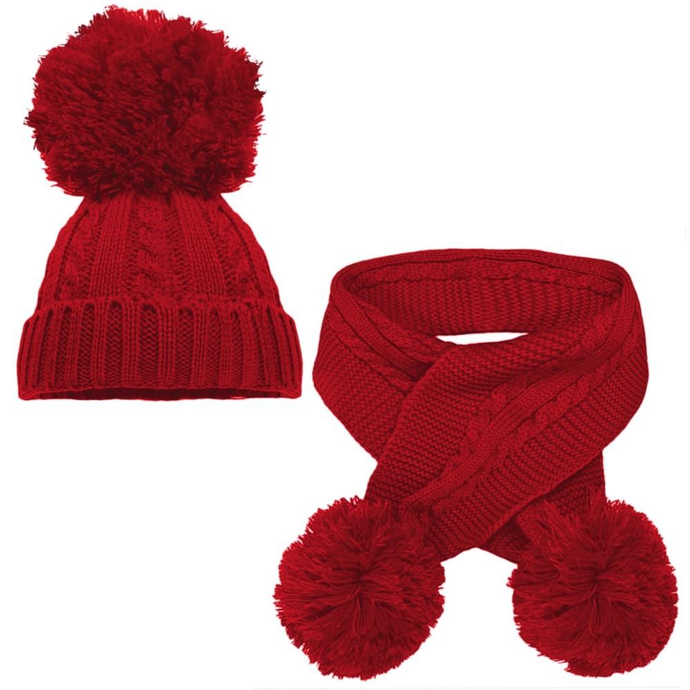 Soft Touch Pom Hat & Scarf Set in Red
