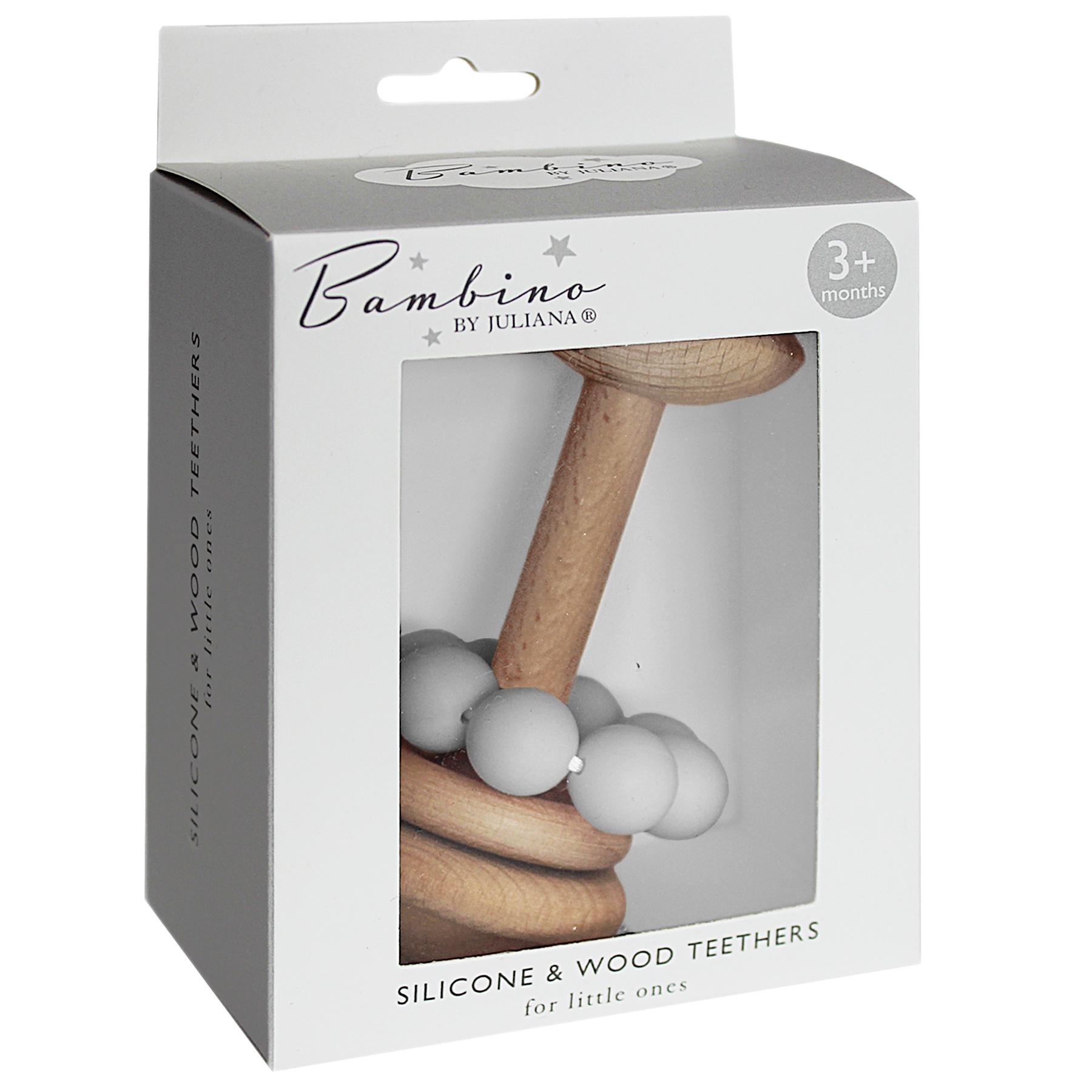 Bambino by Juliana® Wooden Teether Grey Bead & Ring Rattle Boxed