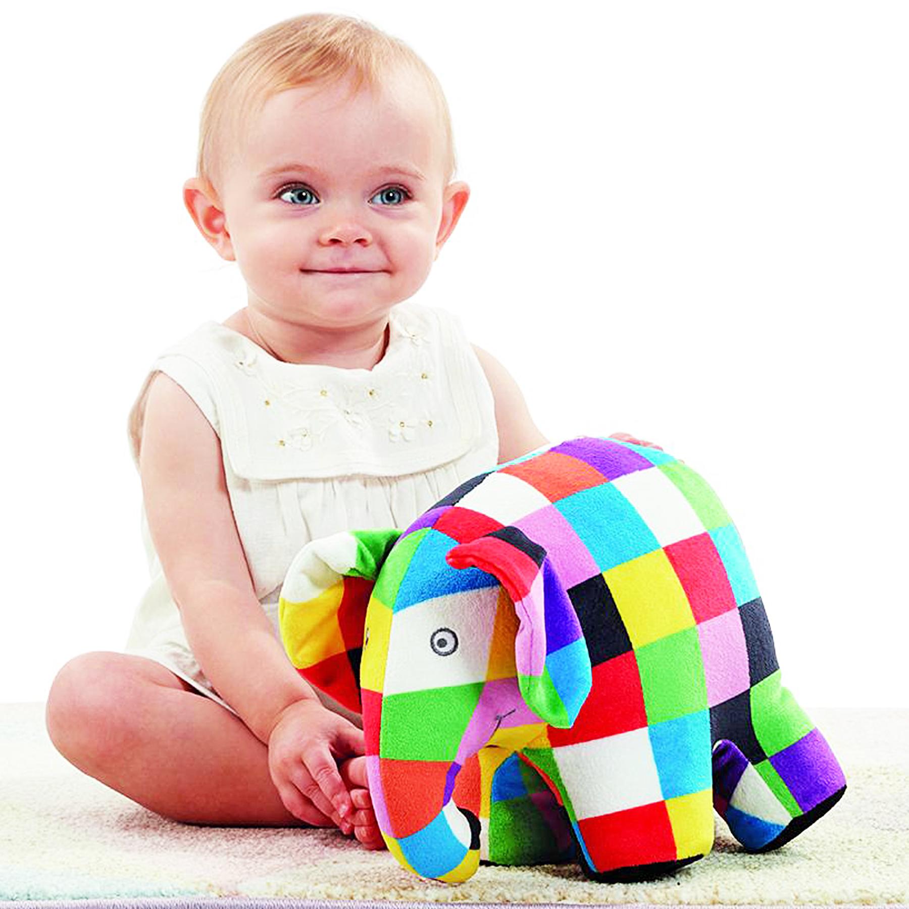 Baby Playing with Rainbow Designs Large Elmer Soft Toy