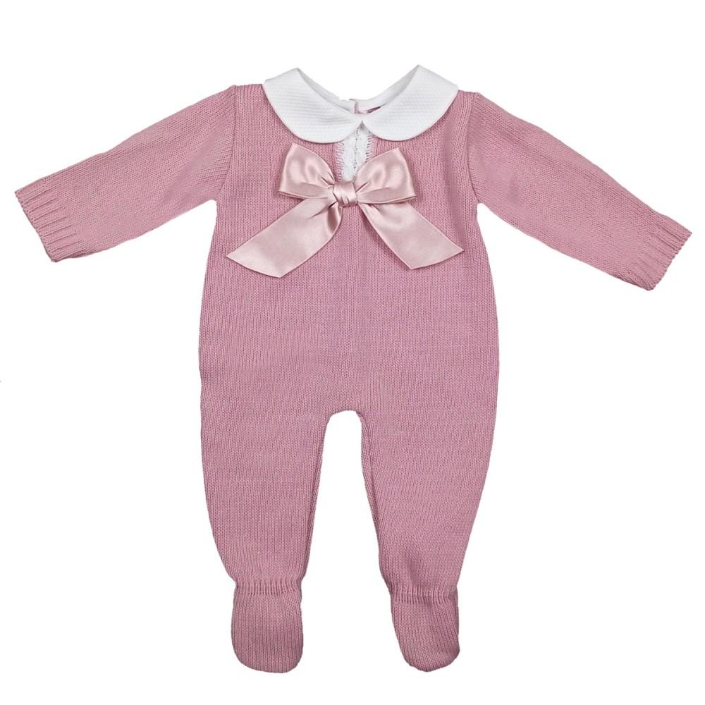 Nursery Time Knitted Dusky Pink Romper with Satin Bow