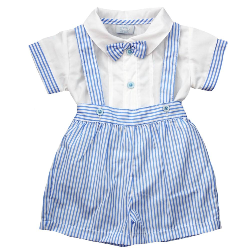 Rock-a-Bye Baby Blue Stripe Dungaree Shorts & Bow Tie Shirt