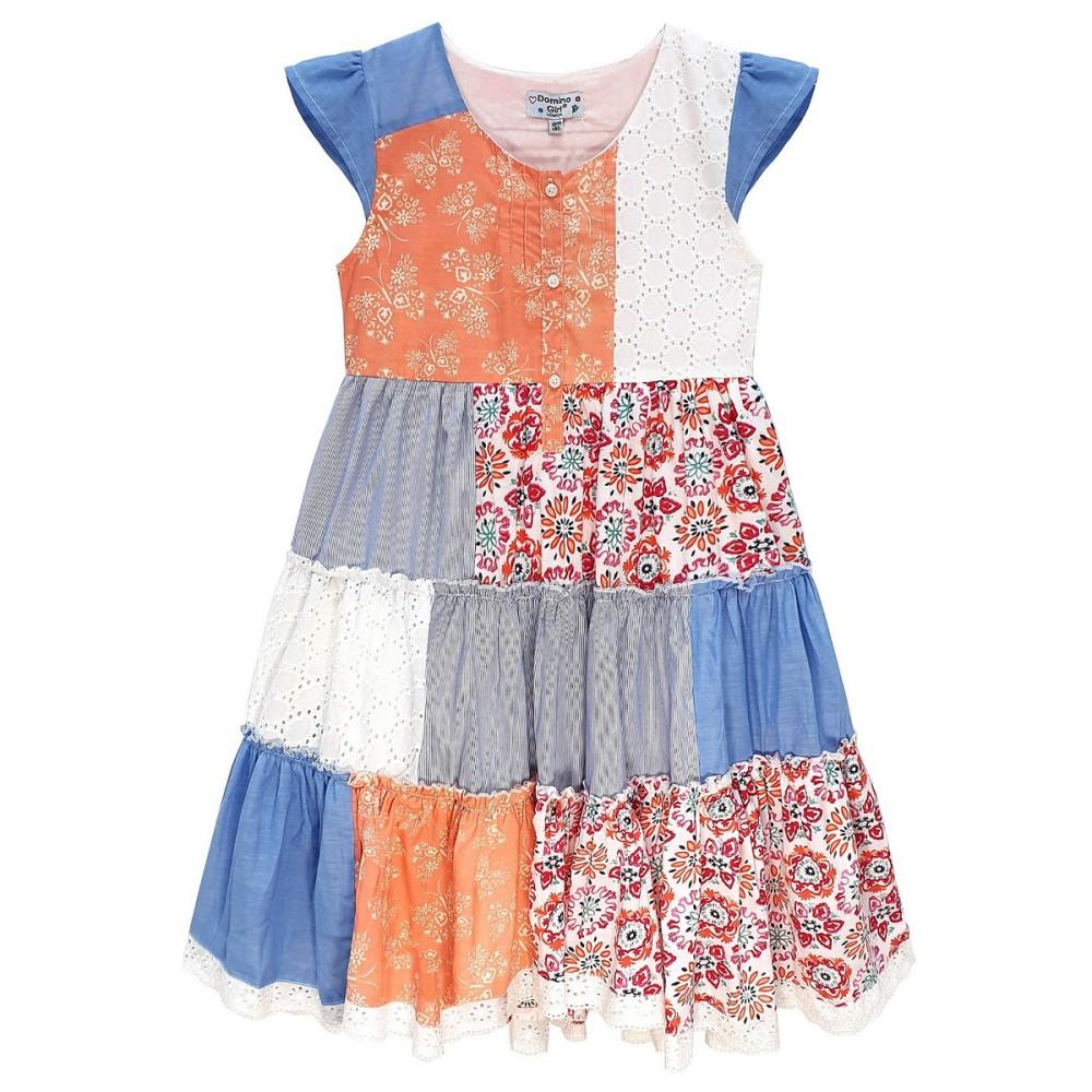 Domino Girl Patchwork Button Up Lace Cotton Sun Dress Front