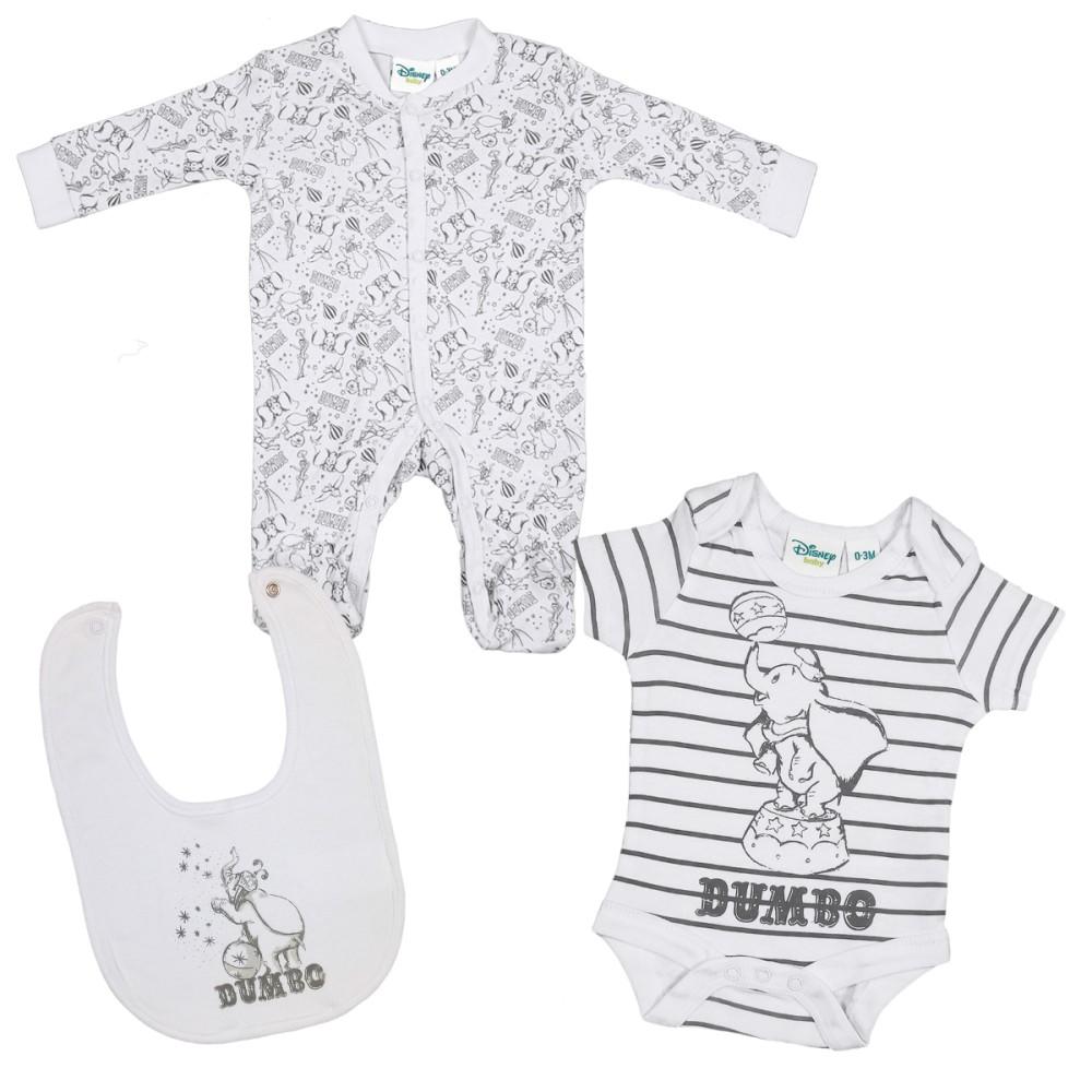 Disney Baby White & Grey Dumbo Sleepsuit, Bodyvest & Bib Set