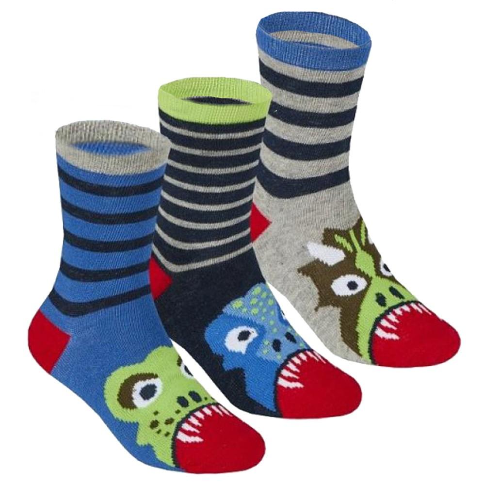 Tick Tock 3 Pair Cotton Rich Dinosaur Face Ankle Socks