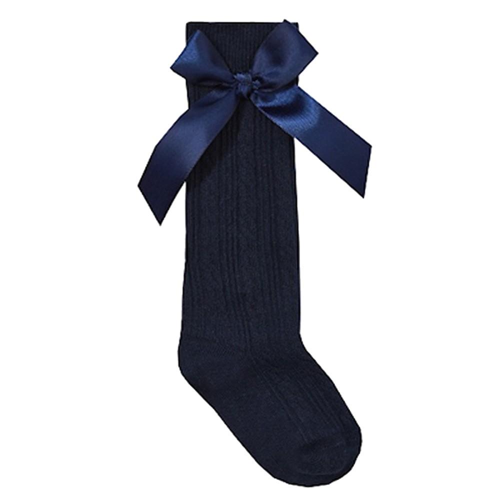 Tick Tock Cable Knee High Socks with Side Bow Navy
