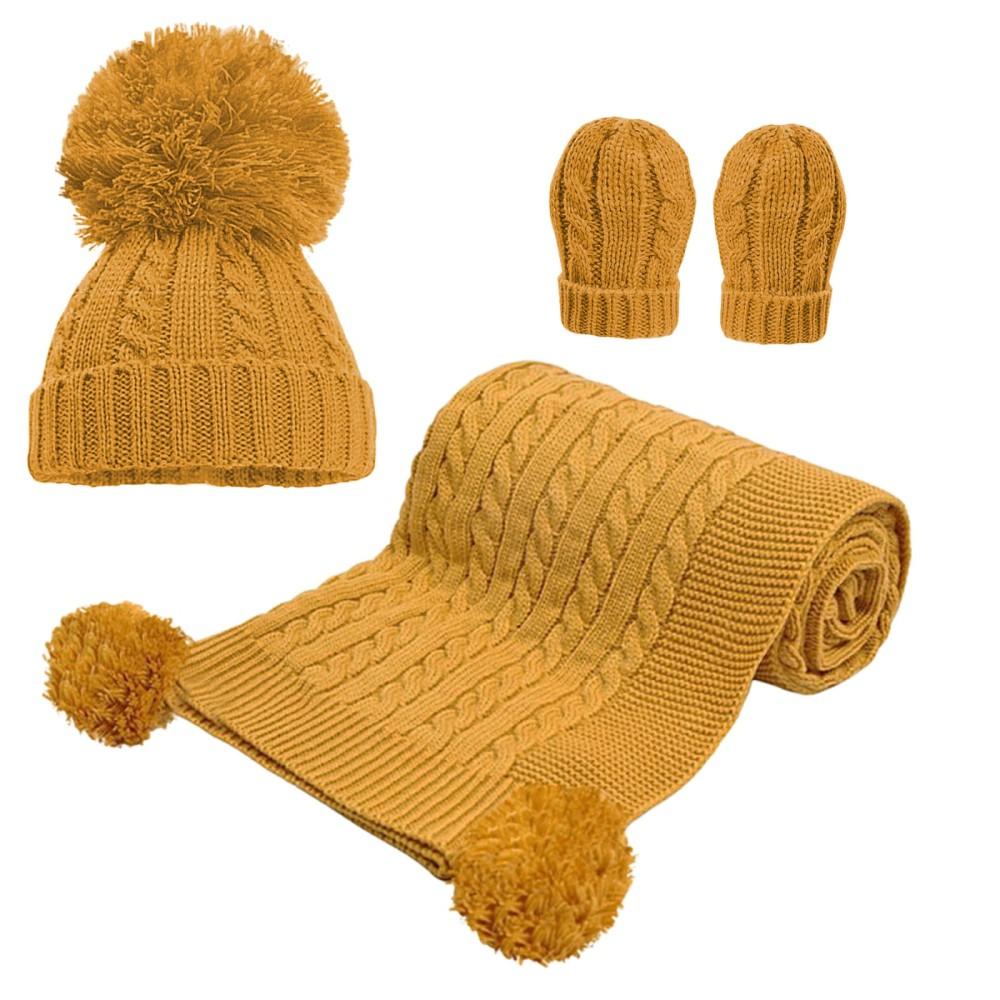 Soft Touch Mustard Pom Hat, Mittens & Blanket Wrap Set