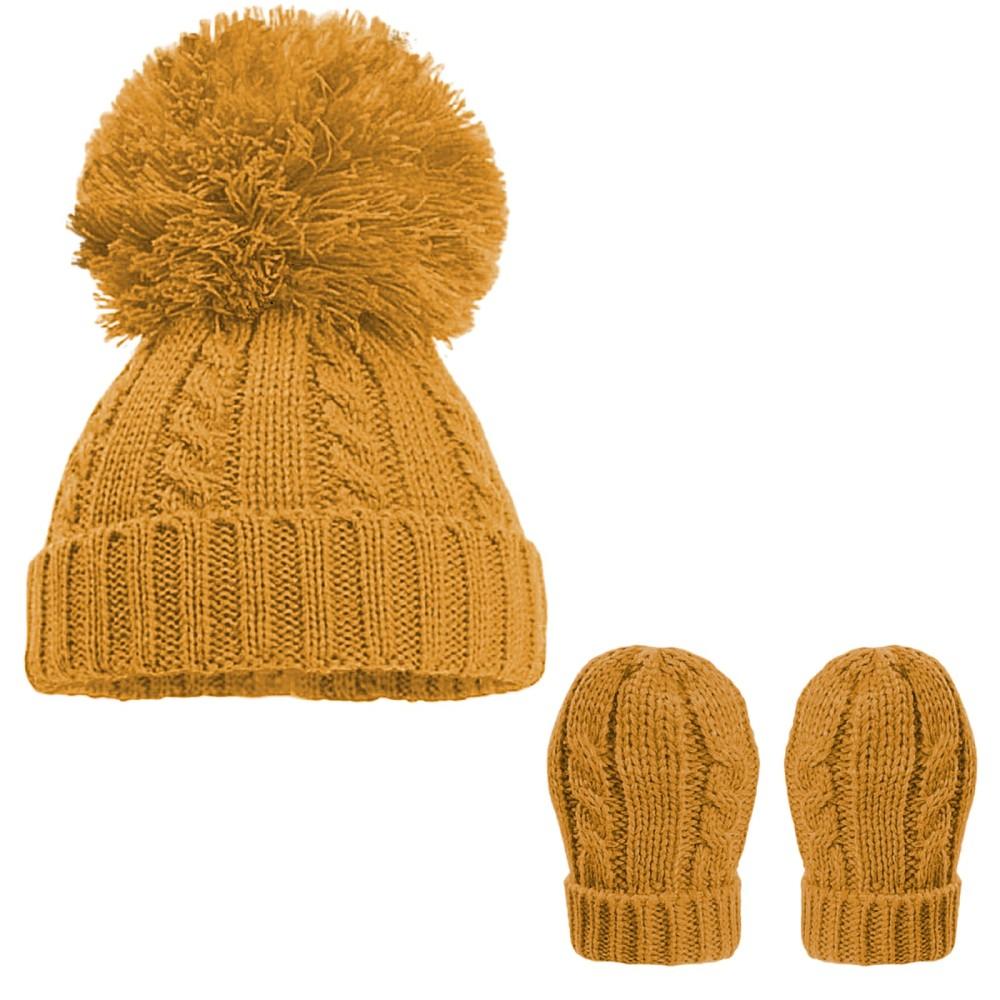 Soft Touch Cable Knit Pom Hat & Mittens in Mustard