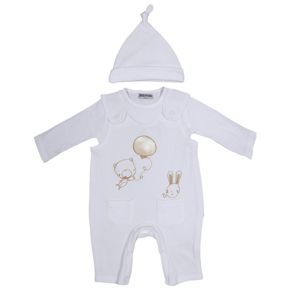 Watch Me Grow Quilted White & Gold Dungaree Set with Sleep Hat