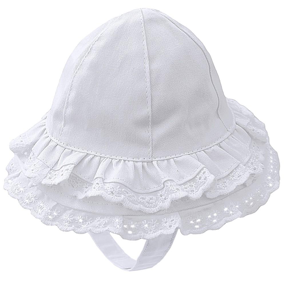 Pesci Baby White Cotton Double Frill Hat with Chin Tie