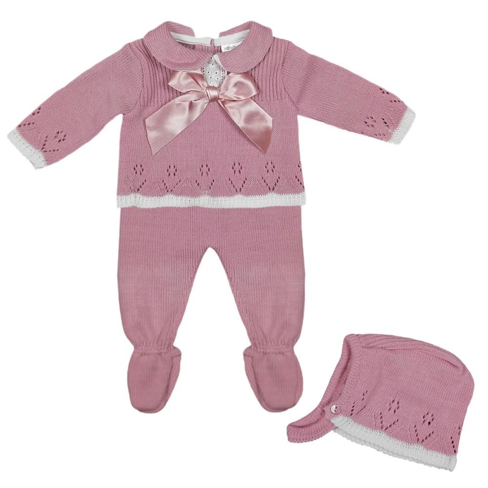 Nursery Time Dusky Pink Knitted Top, Pull Ups & Bonnet