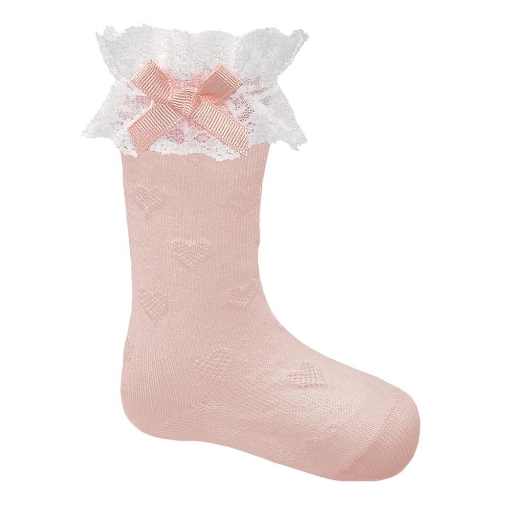 Pex Kids Matilda Pink Dotty Heart Knee High Socks with Lace Frill & Bow