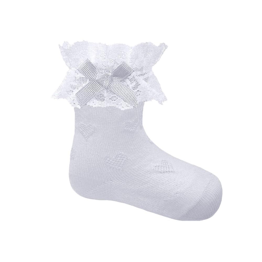 Pex Kids Matilda White Dotty Heart Ankle Socks with Lace Frill & Bow
