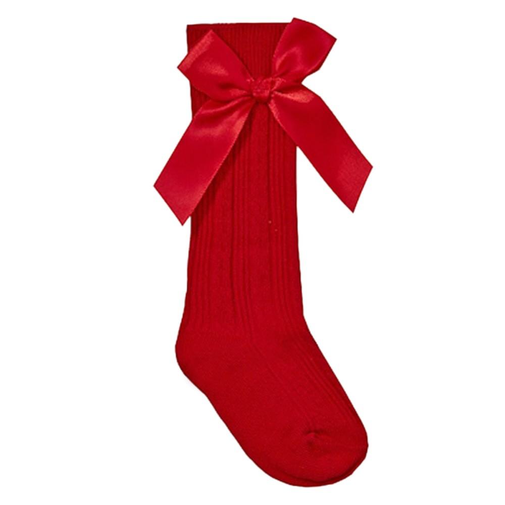 Tick Tock Cable Knee High Socks with Side Bow Red