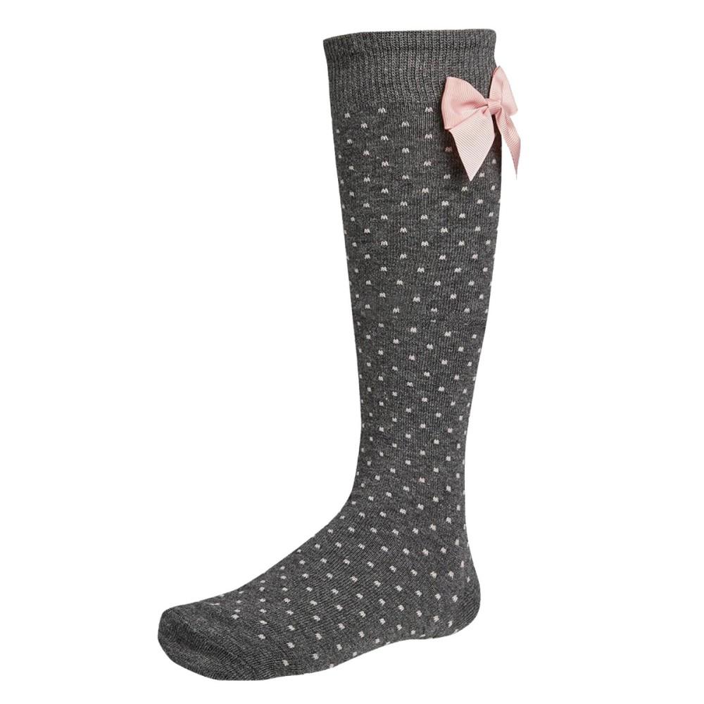 Ysabel Mora Spanish Grey Dotty Knee High Bow Socks