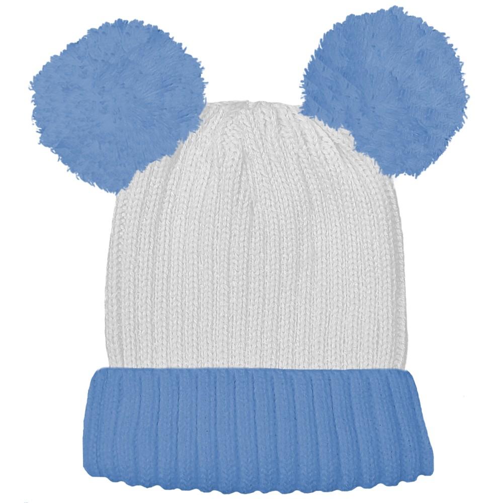 Soft Touch Ribbed Knit Pom Pom Hat in White and Blue