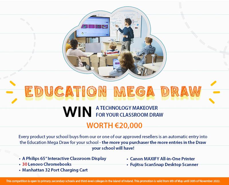 <h3><strong>Education Mega Draw</strong></h3> <h5><strong>WIN</strong> a Technology Makeover For your Classroom Draw Worth €20,000</h5> <a href="http://temp.schoolcomputers.ie/education-megadraw"></a><h5 ><a  style="color:#c01d2e;" href="education-megadraw">View Details</a></h5>