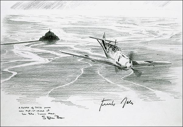 Me109 of JG52 over Mont St Michael by Stephen Brown - Original Drawing