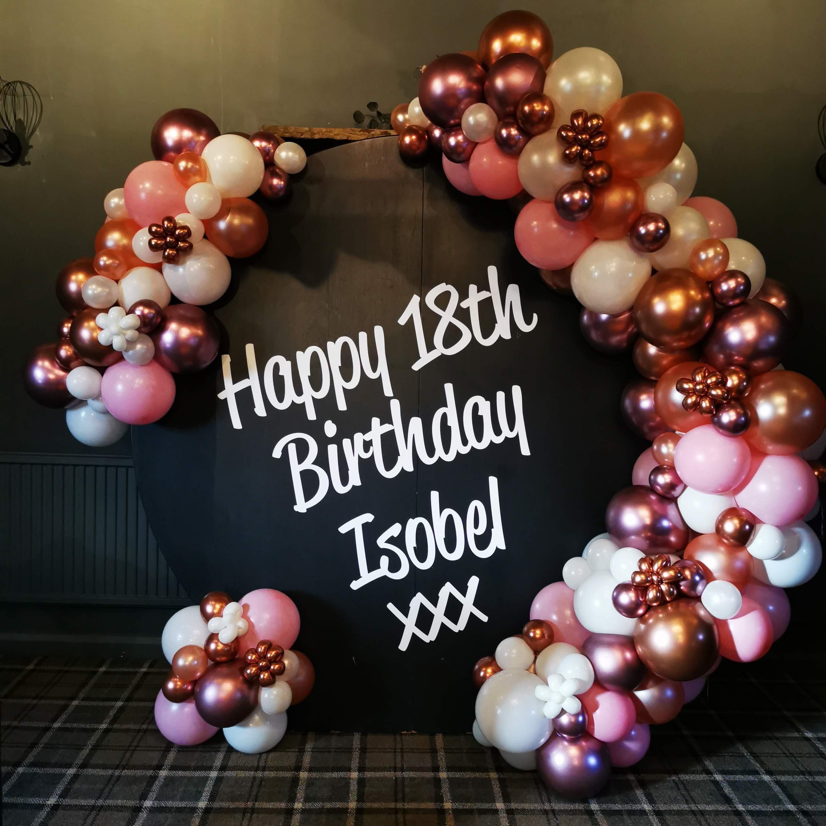 Huge balloon backboard at a birthday event in Yorkshire in rose gold, pink and white