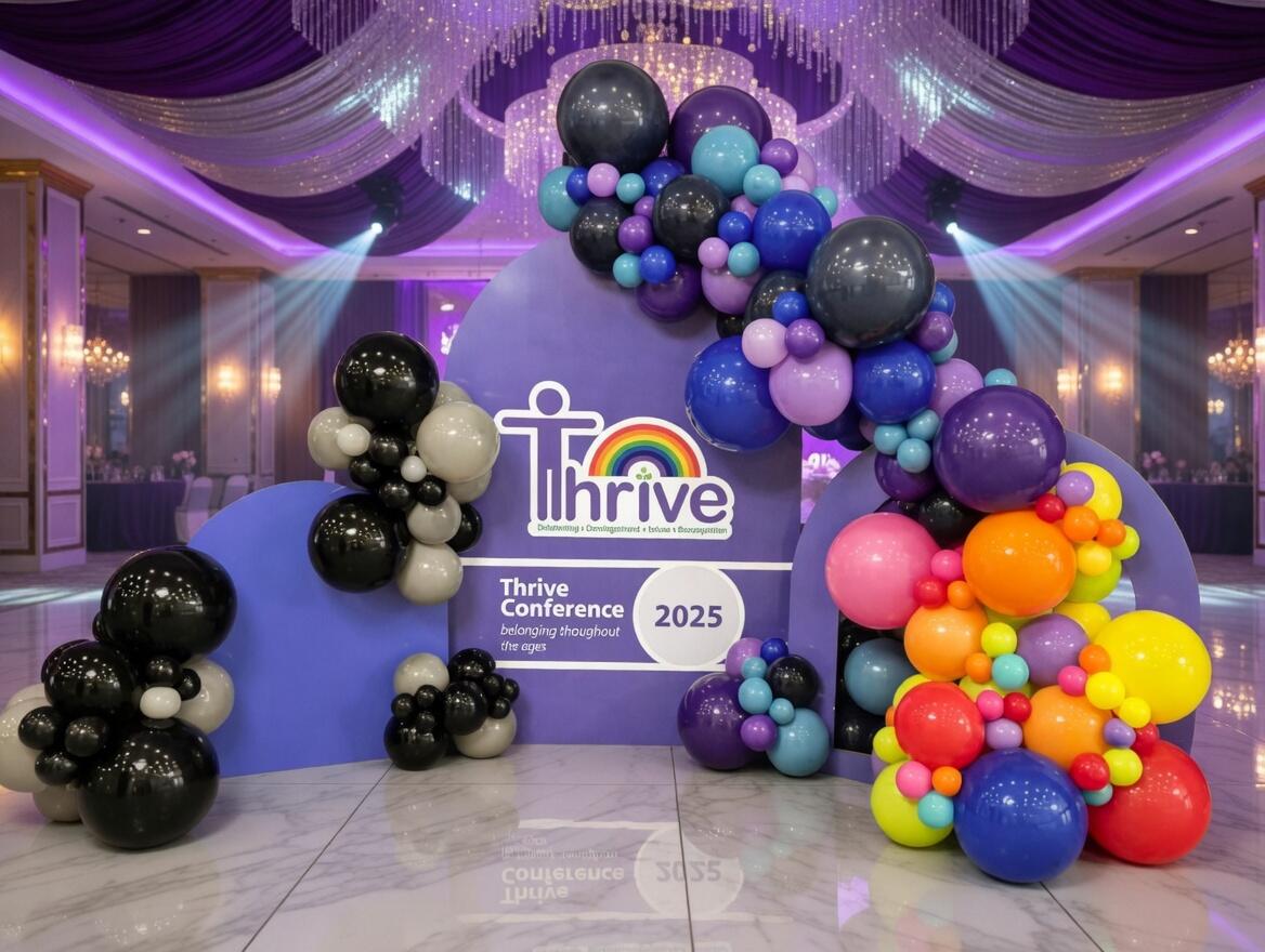 "Colorful balloon arch and purple backdrop at the Thrive Conference 2025. The stage features a large 'Thrive' logo with a rainbow, set in an elegant ballroom with purple drapes, chandeliers, and dramatic lighting on a glossy marble floor.