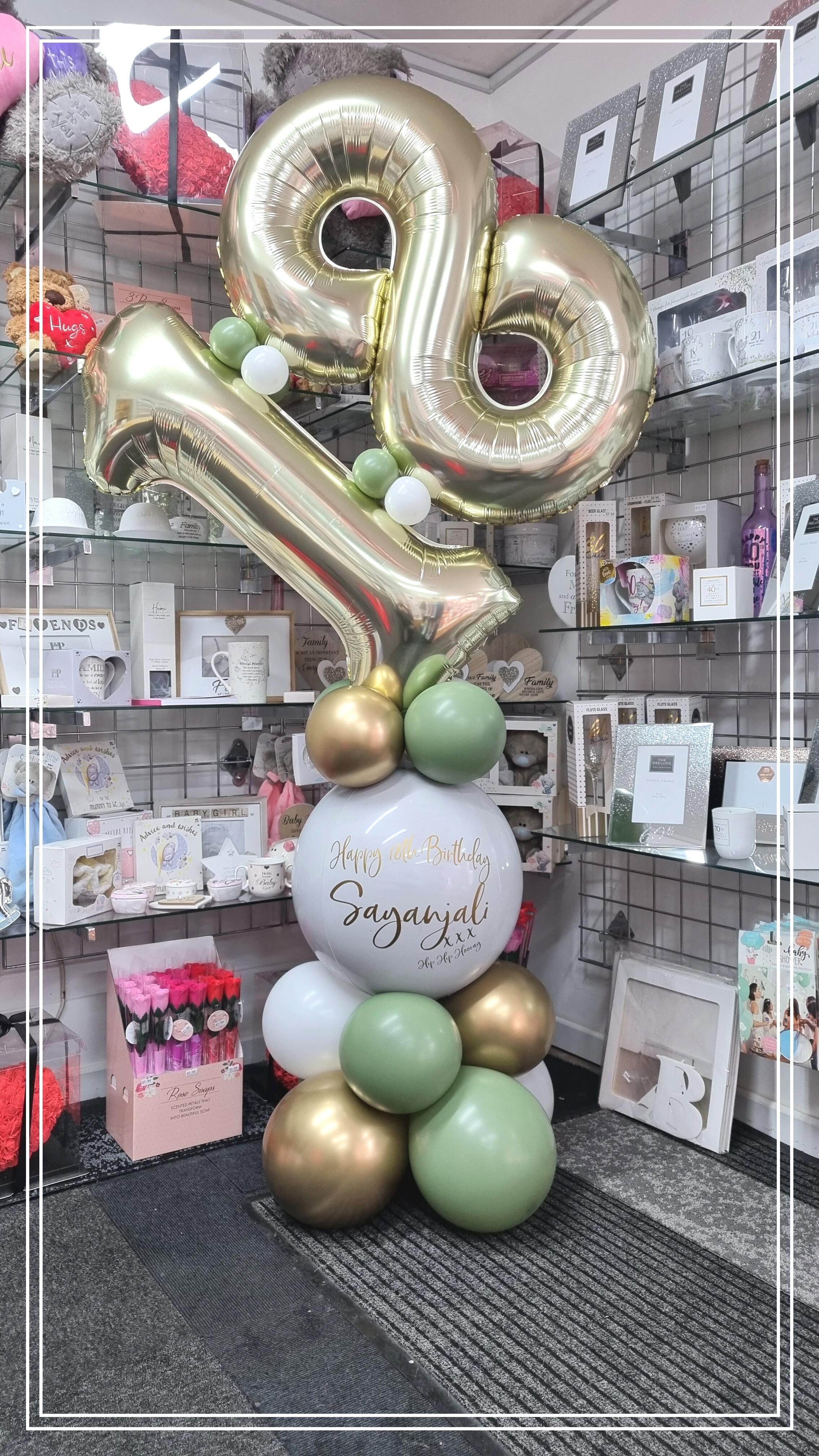 Double Number Balloon Display in Eucalyptus Green and Gold