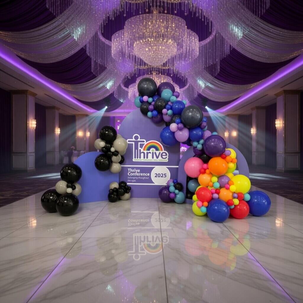 "Colorful balloon arch and purple backdrop at the Thrive Conference 2025. The stage features a large 'Thrive' logo with a rainbow, set in an elegant ballroom with purple drapes, chandeliers, and dramatic lighting on a glossy marble floor.