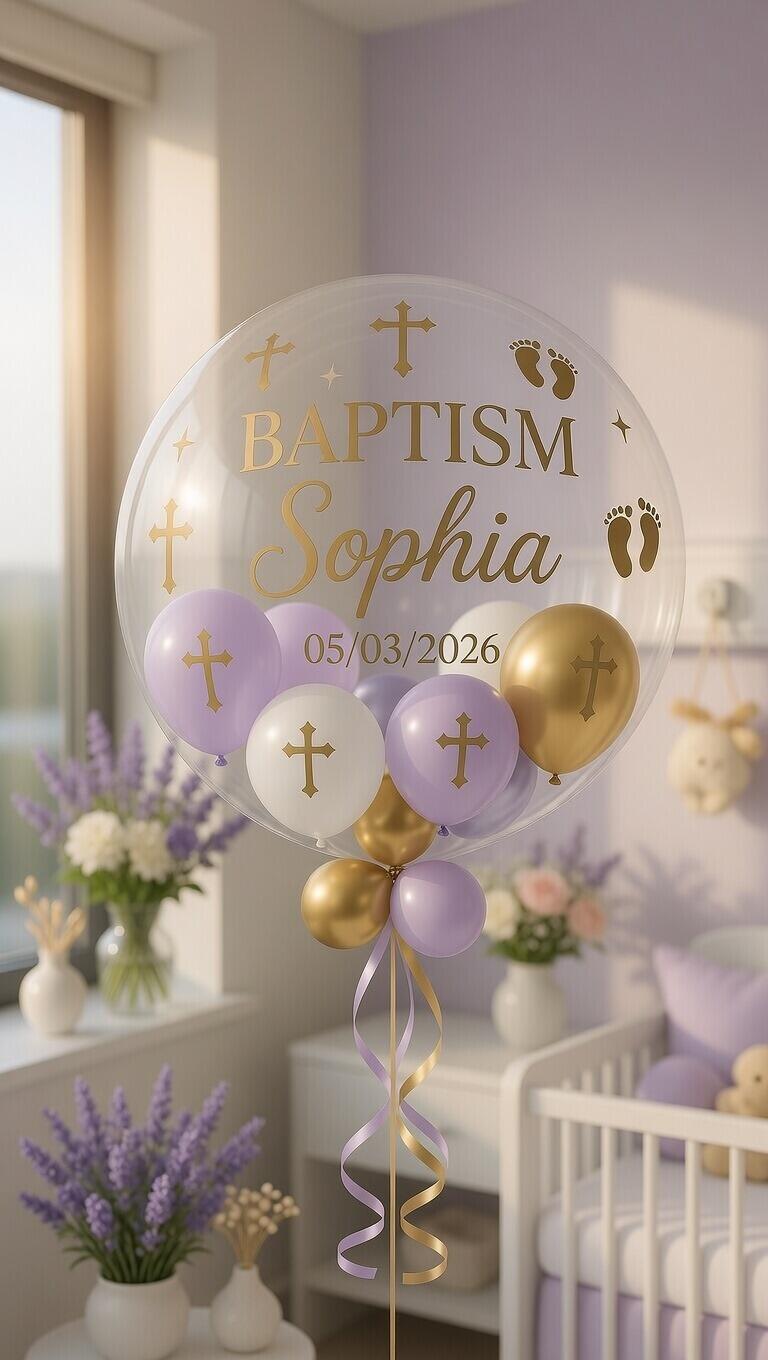 Lilac and gold themed girl baptism personalised balloon