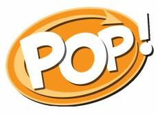 Pop! logo with white text on an orange circle