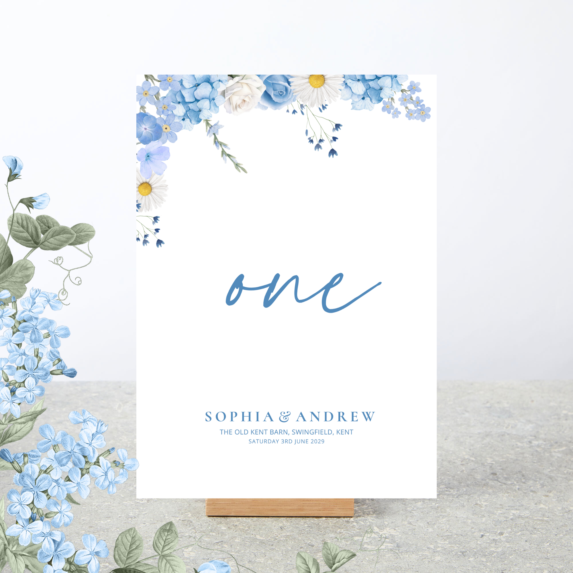 Blue floral table number