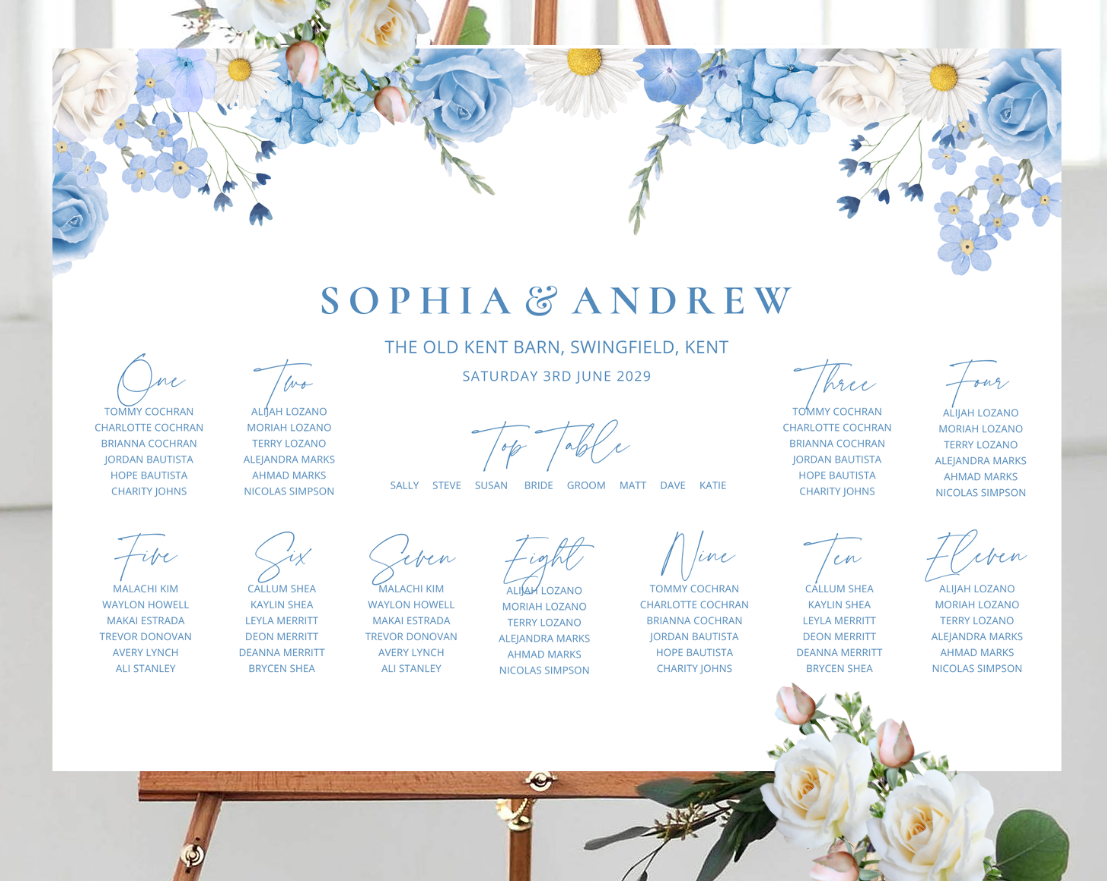 Dusky blue floral table plan