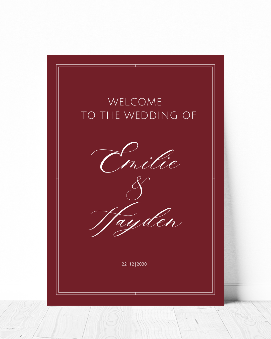 modern burgundy [deep wine shade, claret, ox blood] personalised wedding welcome with white fonts and white border. Couples names, dates and all guest names are editable.