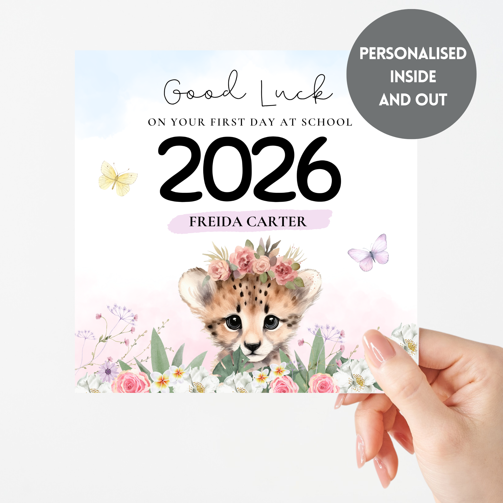 Custom back to school greeting card with child’s name and school supplies