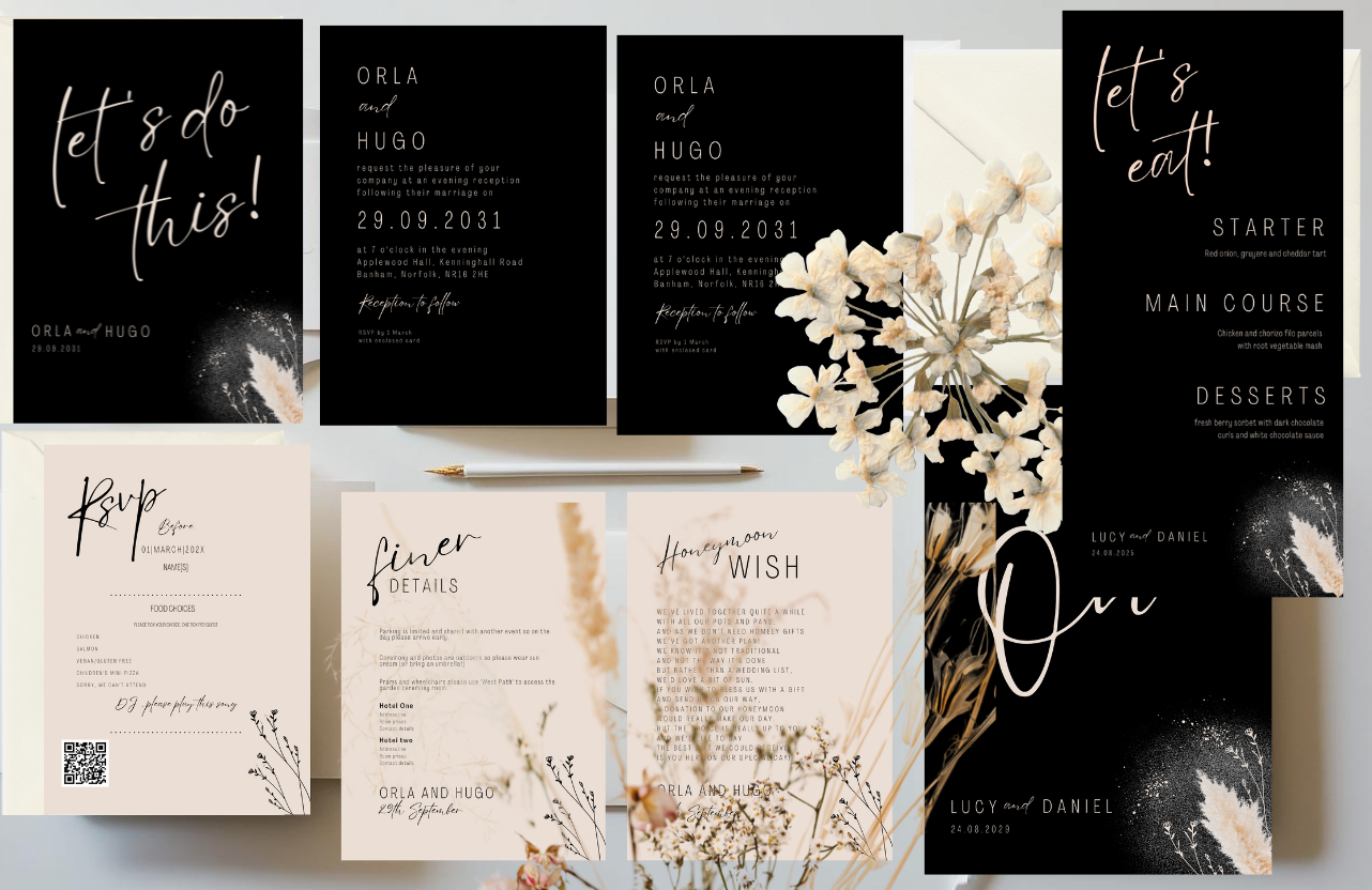 Rustic black wedding invitation suite
