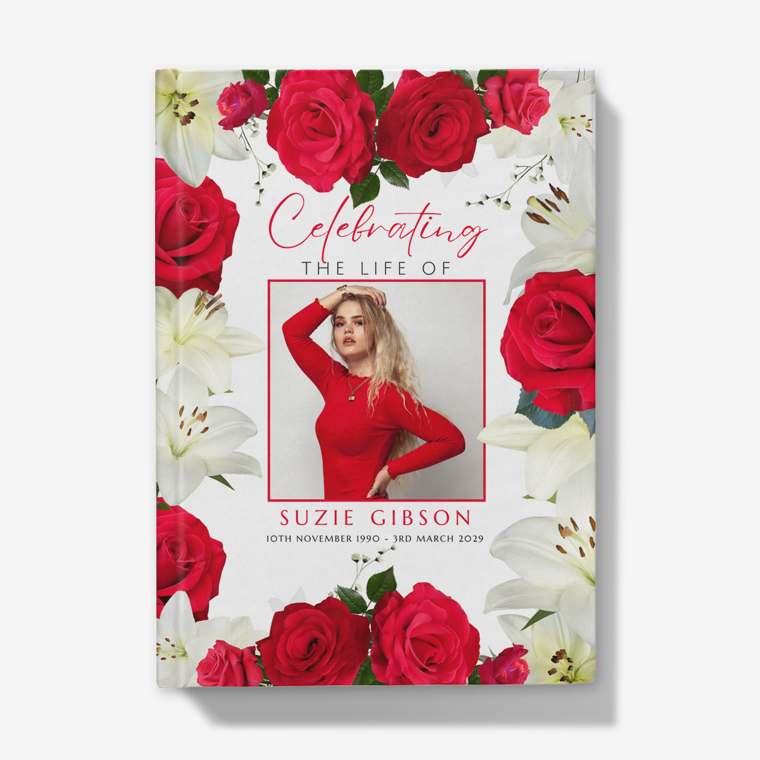 Red Rose and Lily Personalised Funeral Condolence Book, Funeral Memories Book