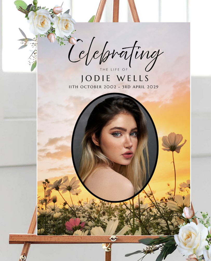 Floral sunrise funeral photo memorial board