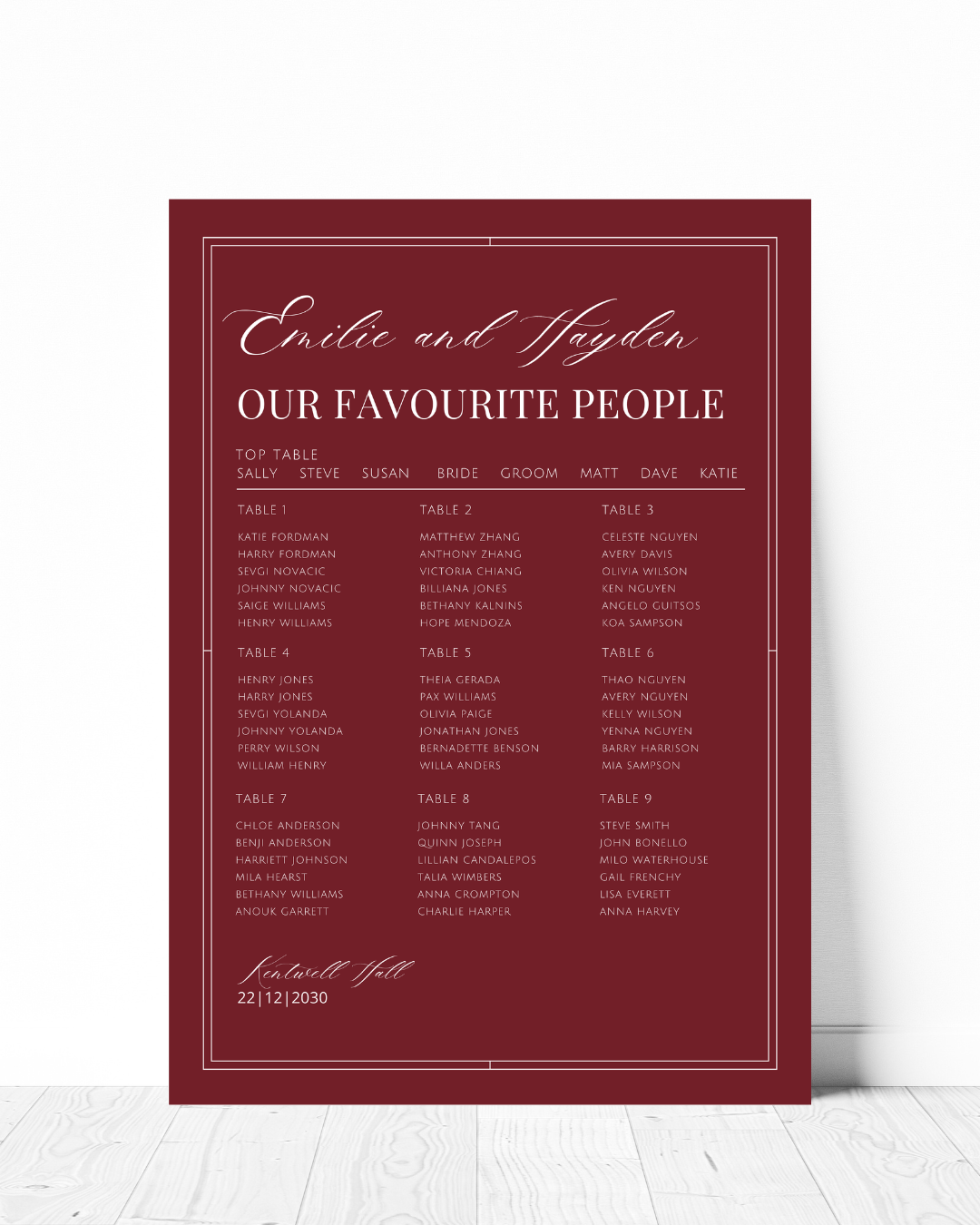 modern burgundy [deep wine shade, claret, ox blood] personalised wedding seating chart with white fonts and white border. Couples names, dates and all guest names are editable.