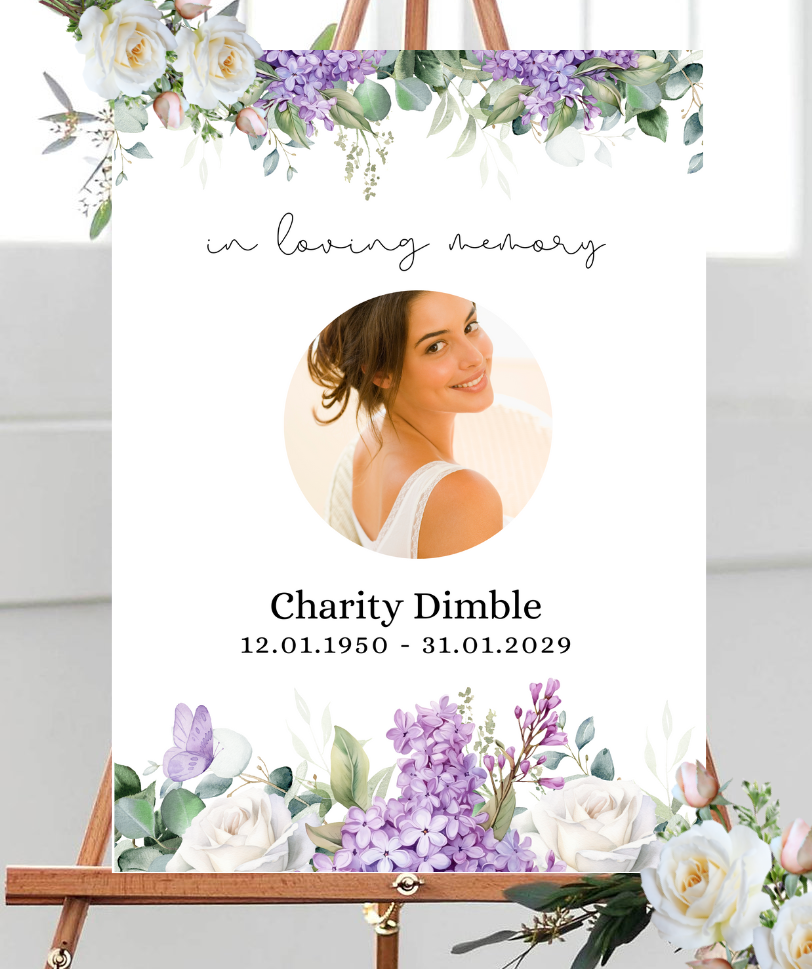 lilac funeral sign, funeral memorial sign, funeral photo canvas, funeral poster for mum, funeral sign for her, funeral poster nan, funeral memorial sister, funeral tribute mum