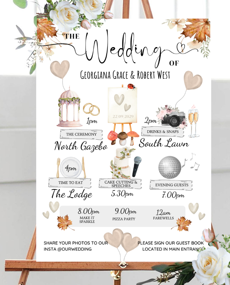 Autumn theme quirky wedding timeline