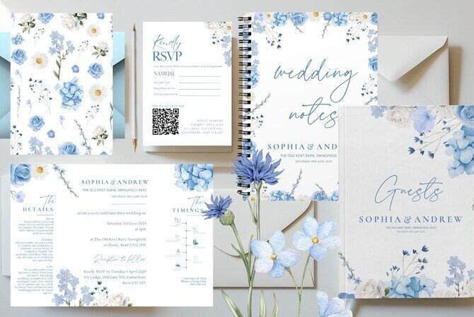 Dusky blue floral wedding invitation suite