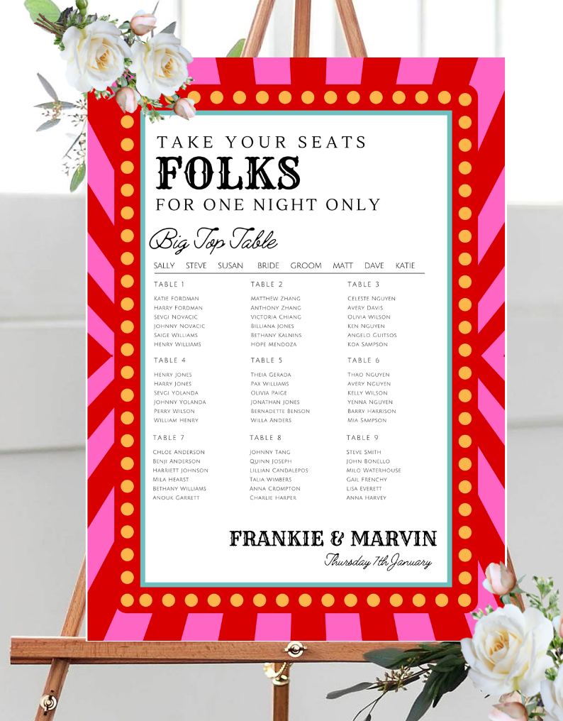 Circus theme wedding table plan