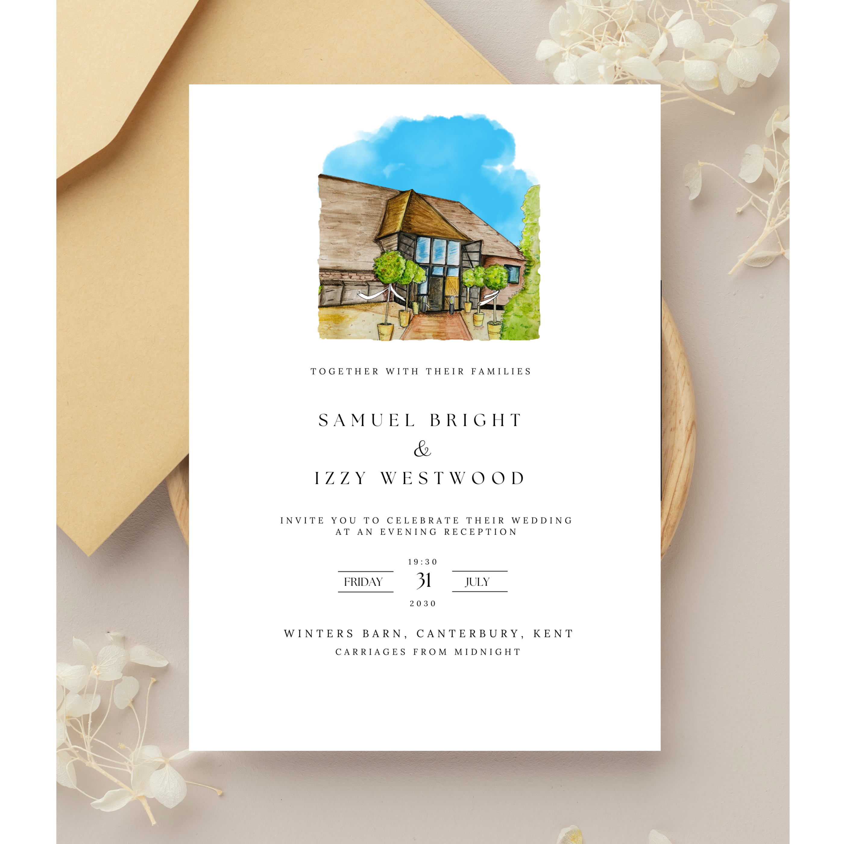 Kent wedding venue personalised invitation Winters Barn