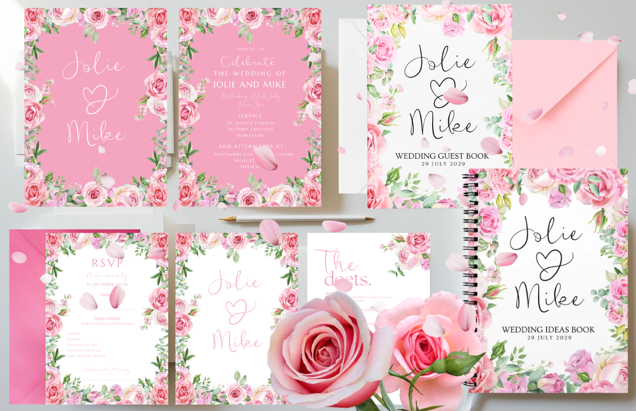 Pink rose wedding invitations
