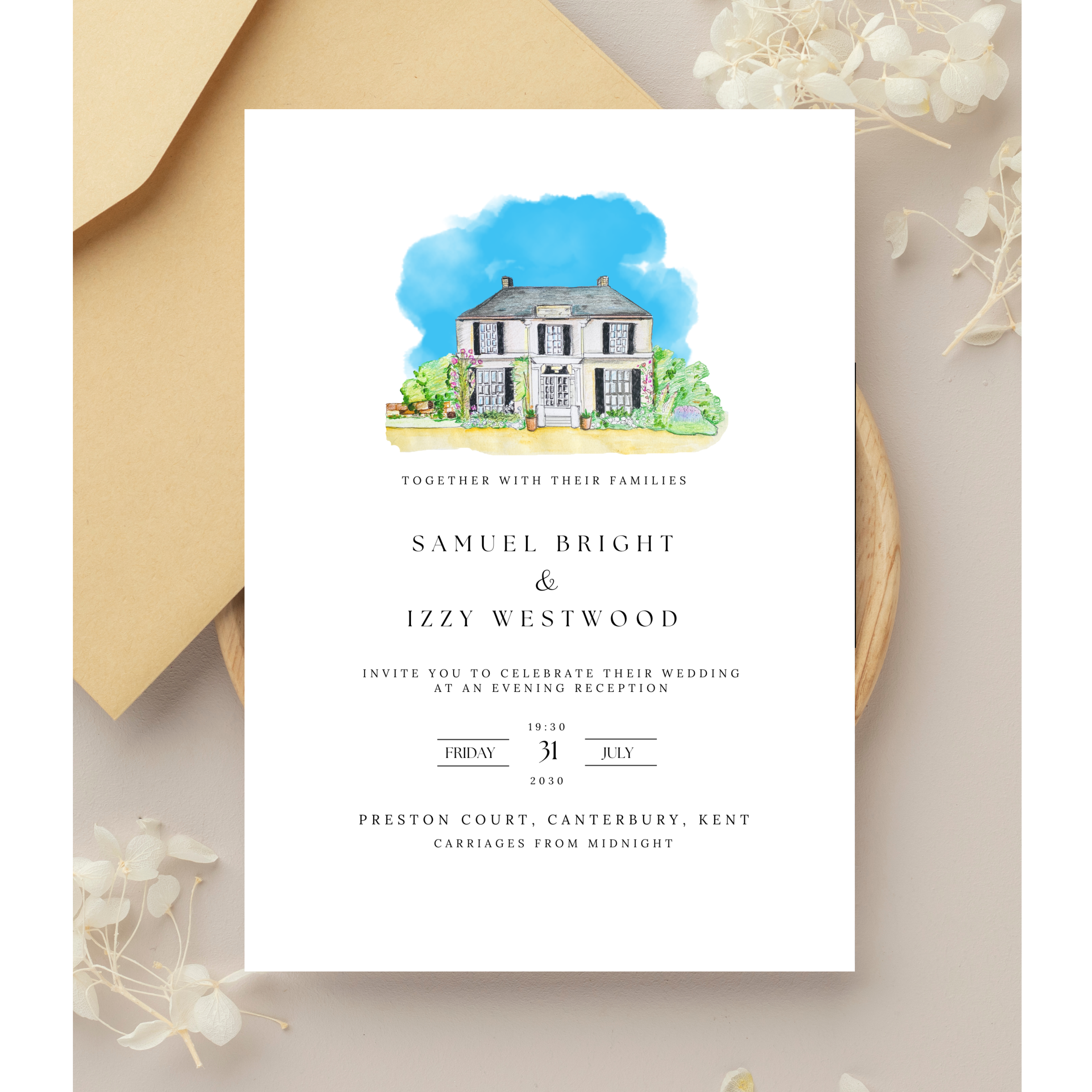 Kent wedding venue personalised invitation Preston Court
