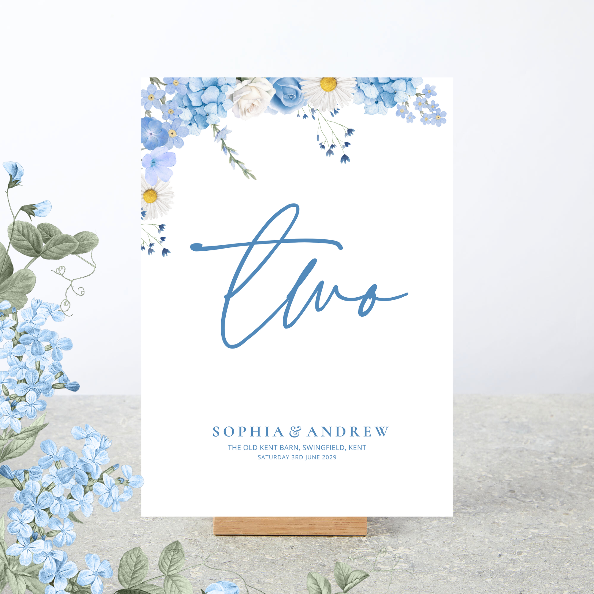 Blue floral table number